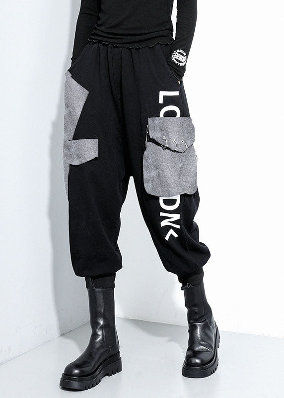 Black Pockets Cotton Harem Pants Spring