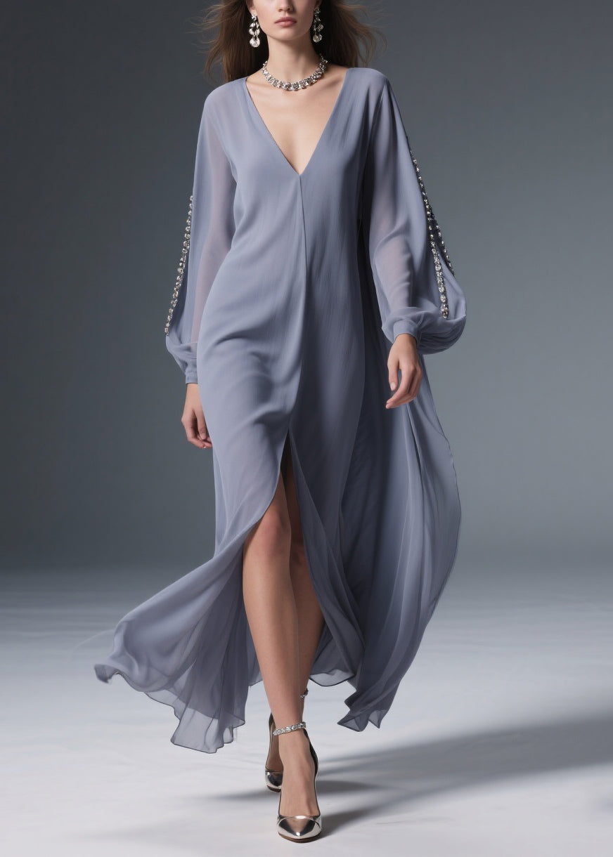 Grey Front Open Chiffon Long Dresses V Neck Spring