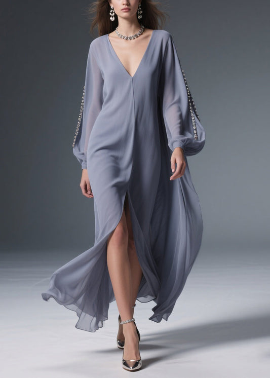 Grey Front Open Chiffon Long Dresses V Neck Spring