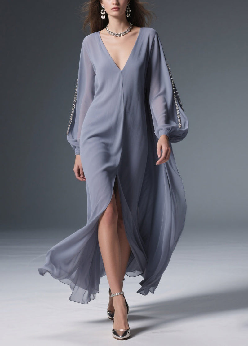 Grey Front Open Chiffon Long Dresses V Neck Spring