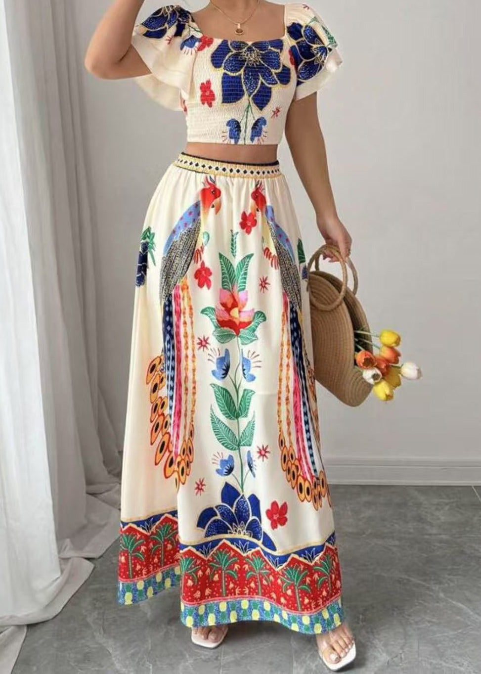 Square Collar Print Top and Maxi Skirts Two Piece Set Summer