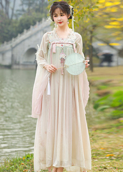 Gradient Color Ruffled Embroideried Lace Up Chiffon Two Pieces Set Fall