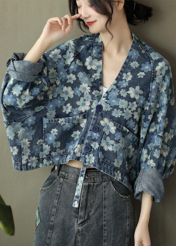 Italian Blue Print Denim Long Sleeve V Neck Top