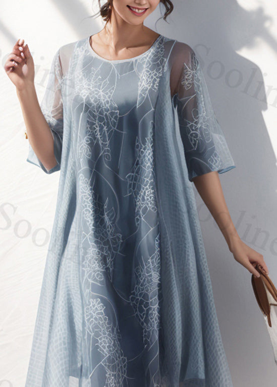 Light Blue O Neck Print Silk Dresses Summer