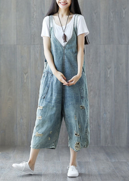 Modern Light Blue Pockets Ripped Jeans Loose Jumpsuit Spring