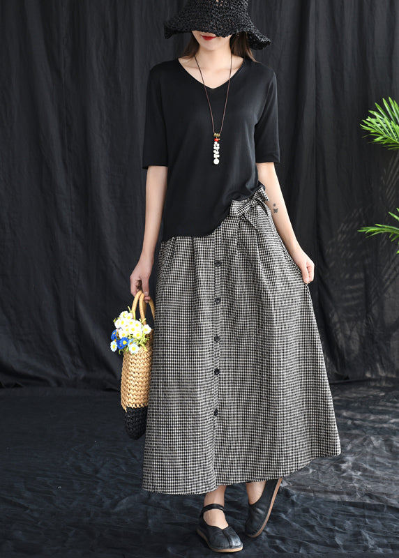 Black Bow Button Pockets Plaid Linen a Line Skirts Summer