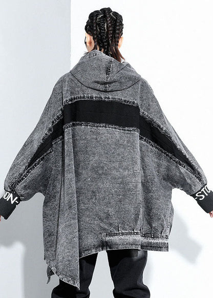 Italian Black Hooded Asymmetrical Design Denim Coat Spring