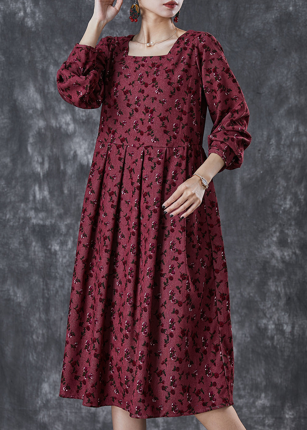 Mulberry Square Collar Print Corduroy Robe Dresses Spring