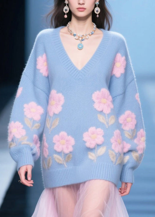 Blue Patchwork Tulle Flower Jacquard Knit Dress Winter