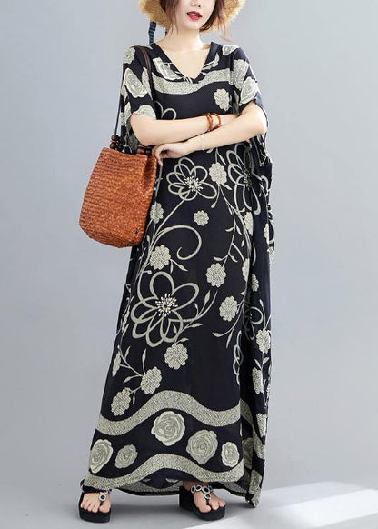Black Print V Neck Batwing Sleeve Robe Spring Dress