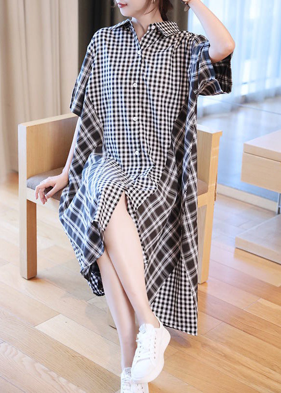 Black White Plaid Peter Pan Collar Button Shirts Dresses Half Sleeve