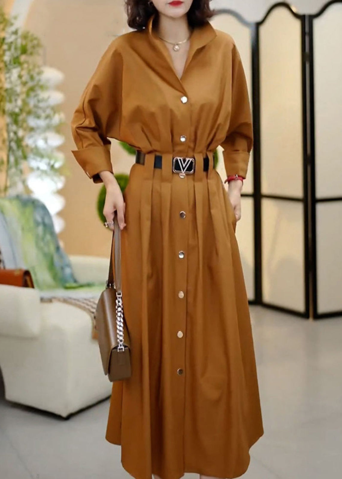 Classy Coffee Peter Pan Collar Sashes Wrinkled Cotton Dresses Fall