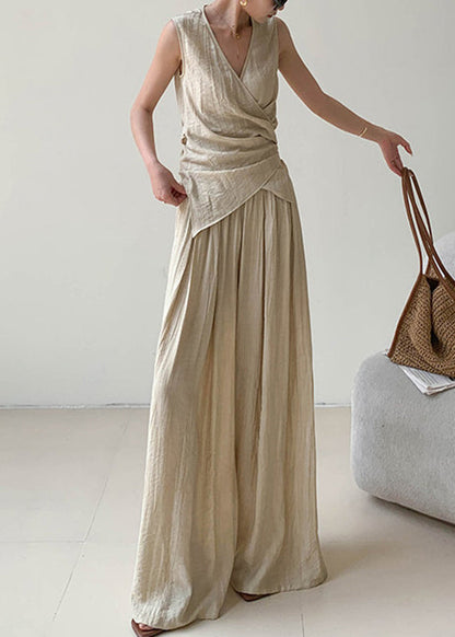Brief V Neck Silk Linen Top and Wide Leg Pants Two Pieces Set Sleeveless Summer
