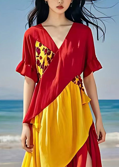 Red V Neck Print Side Open Cotton Dress Summer