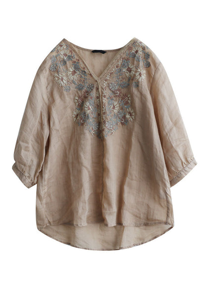 Khaki Embroideried Lace Patchwork Linen Shirt Top Half Sleeve