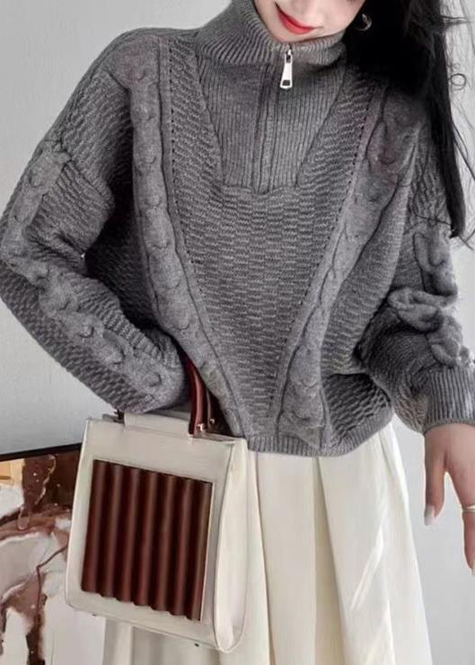Apricot Turtleneck Zip Up Cotton Knit Sweaters Long Sleeve