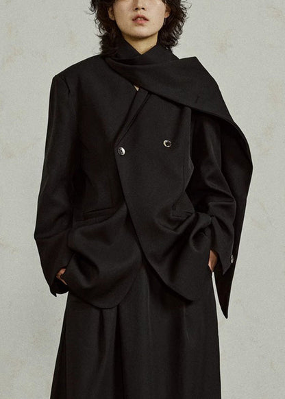 Black Notched Button Coats Long Sleeve