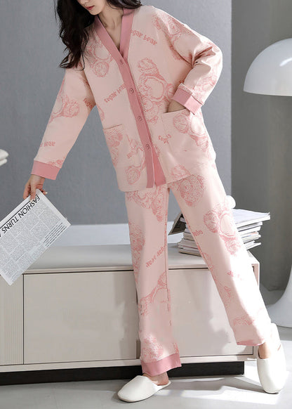 Pink Print Pockets Cotton Pajamas Two-piece Set V Neck Fall