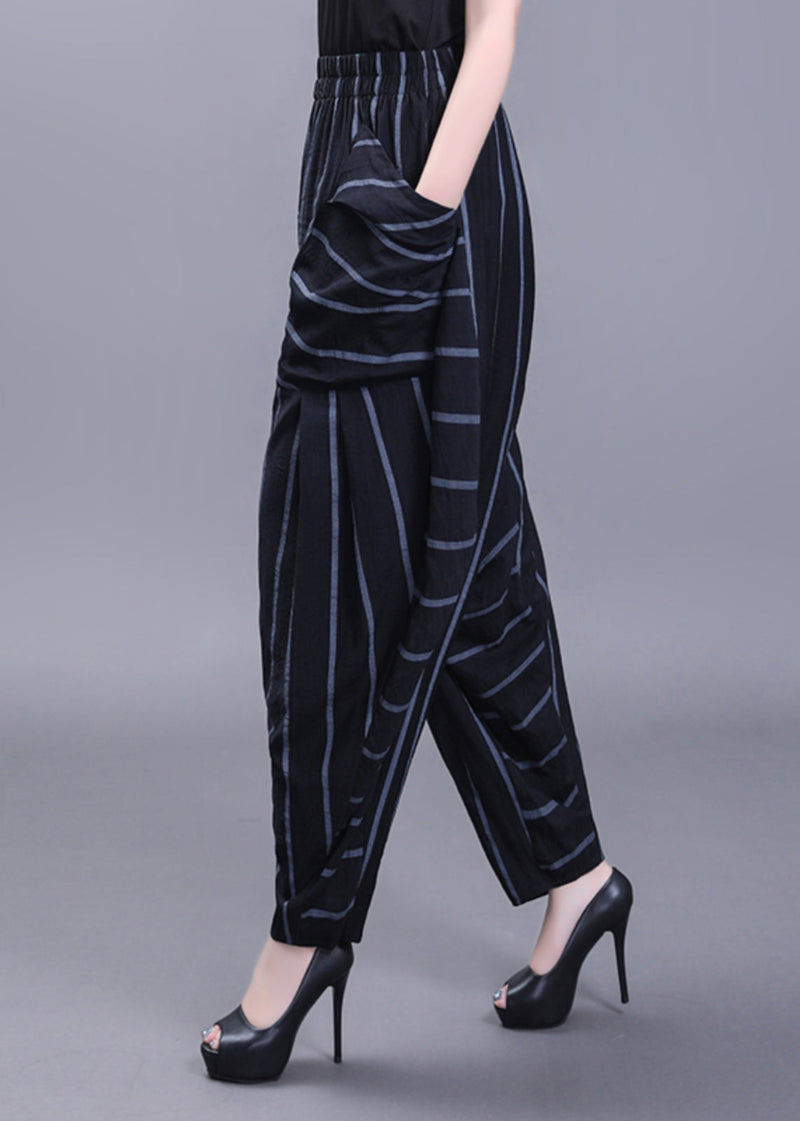 Black Pockets Striped High Waist Cotton Harem Pants Fall