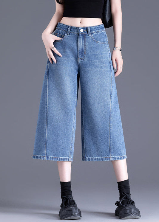 Blue Pockets Denim Crop Pants Summer