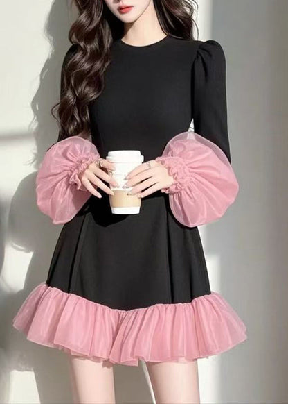 Black Tulle Patchwork Vacation Mid Dresses Puff Sleeve