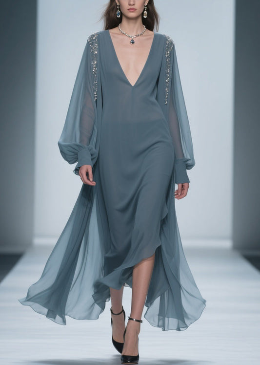 Blue Original Design Chiffon Dress V Neck Lantern Sleeve