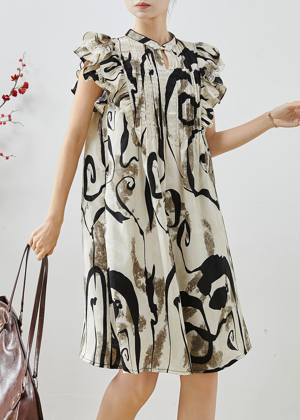 Print Wrinkled Chiffon Mid Dress Butterfly Sleeve