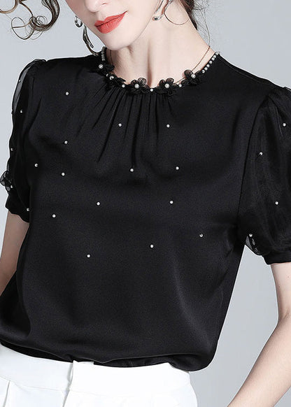 Diy Black O-neck Silk Nail Bead Shirts Summer