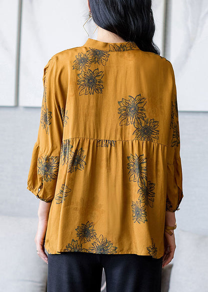 Yellow Stand Collar Wrinkled Patchwork Print Silk Shirt Top Bracelet Sleeve
