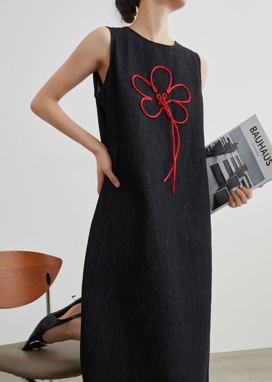 Black Embroidered Zippered Denim Dresses Sleeveless