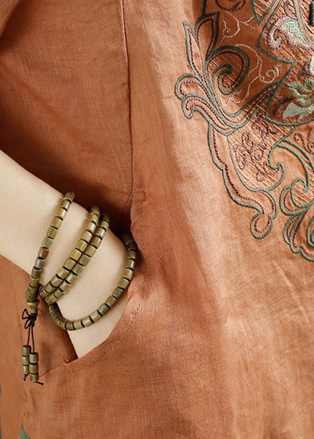 Orange Retro Linen Shirt Embroideried Chinese Button Summer