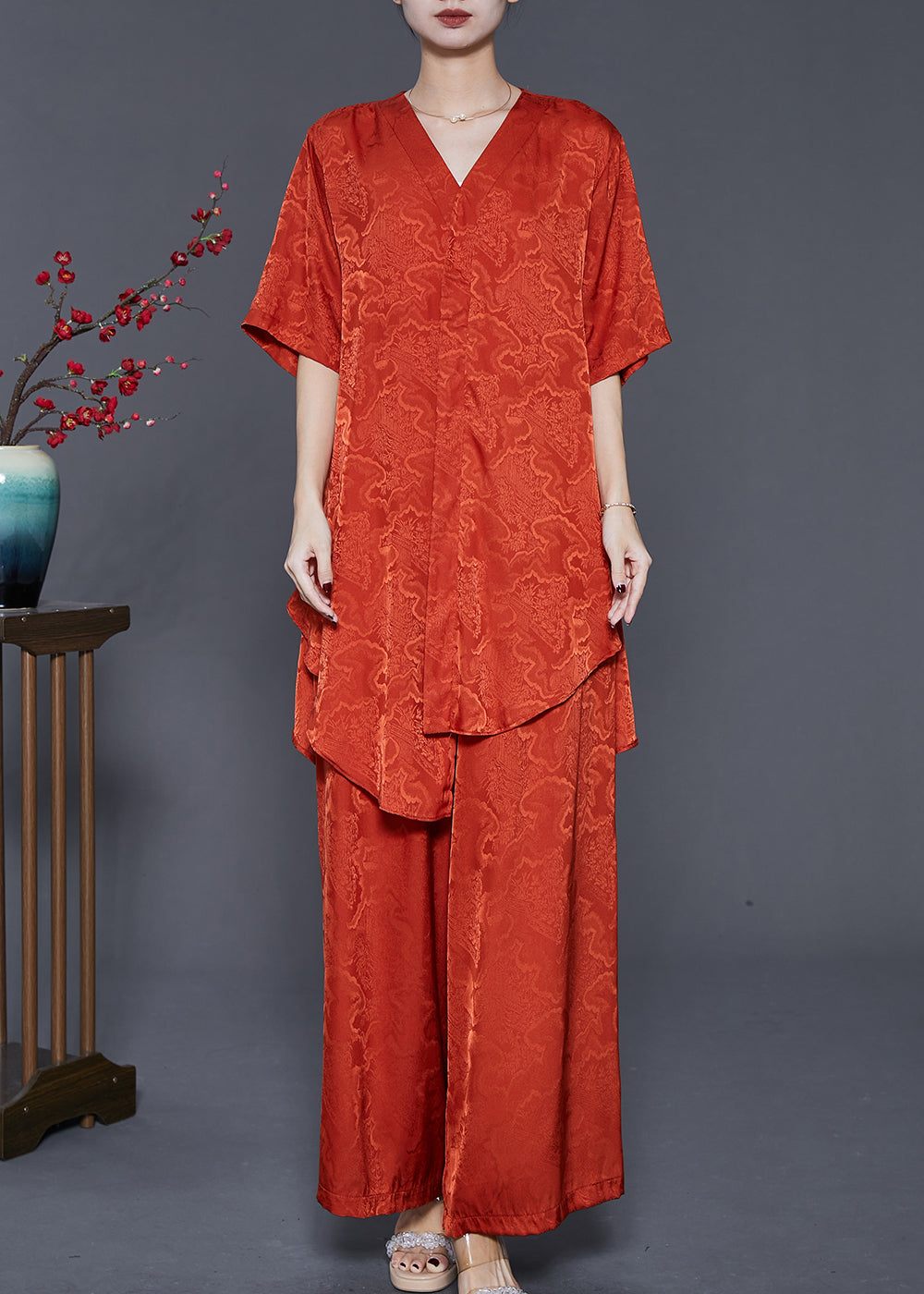Orange Asymmetrical Print Silk Two Piece Set Summer