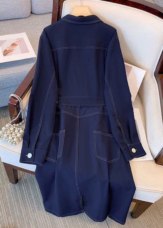 Navy Drawstring Pockets Denim Dress Long Sleeve