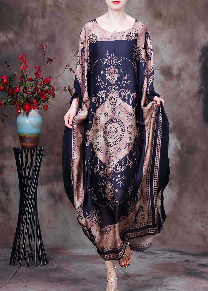 Modern Chocolate O-neck Print Silk Long Dress Gown Batwing Sleeve