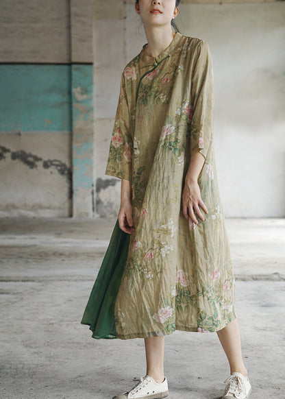 Light Green Mandarin Collar Print Patchwork Linen Dress Three Quarter Sleeve