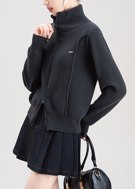 Dark Grey Zip Up High Neck Knit Sweaters Coat Spring