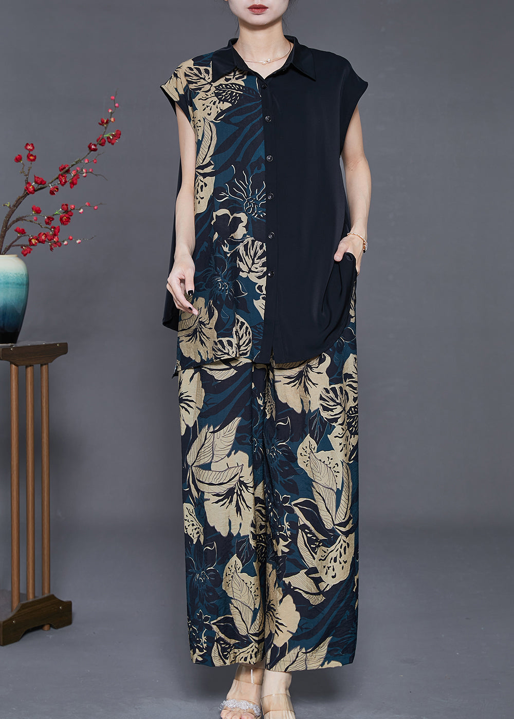 Diy Black Asymmetrical Print Chiffon Two Pieces Set Sleeveless