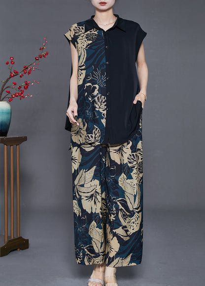 Diy Black Asymmetrical Print Chiffon Two Pieces Set Sleeveless