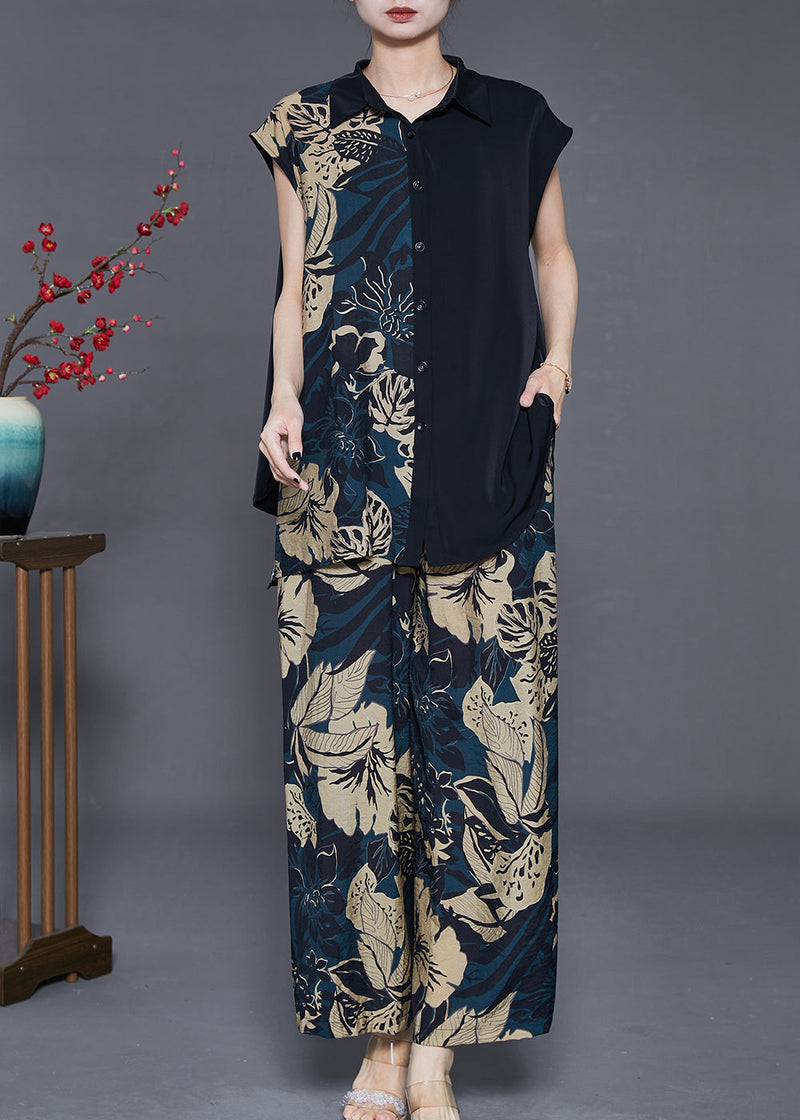 Diy Black Asymmetrical Print Chiffon Two Pieces Set Sleeveless