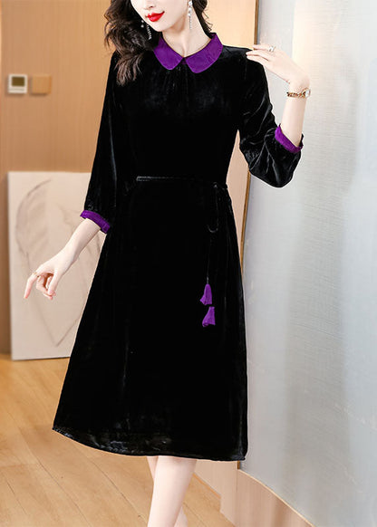 Black Peter Pan Collar Patchwork Silk Velour Maxi Dresses Long Sleeve