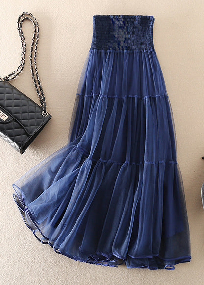 French Blue Wrinkled Patchwork Tulle Skirts Spring
