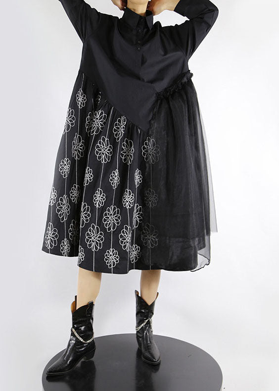 Black Peter Pan Collar Print Tulle Patchwork Shirt Dresses Spring