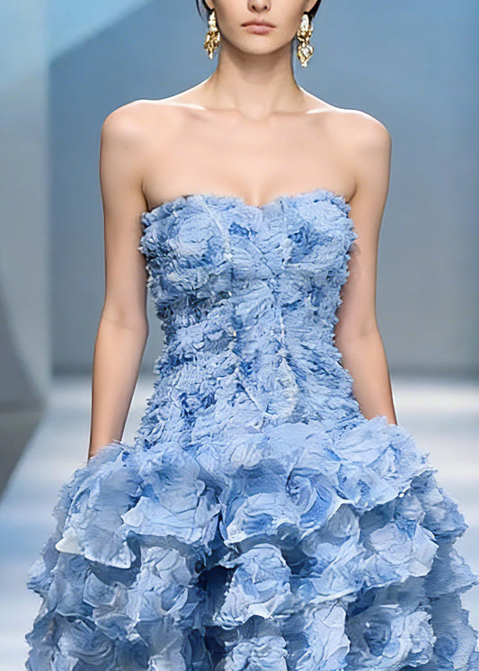 Classy Blue Cold Shoulder Tulle Mid Dress Summer