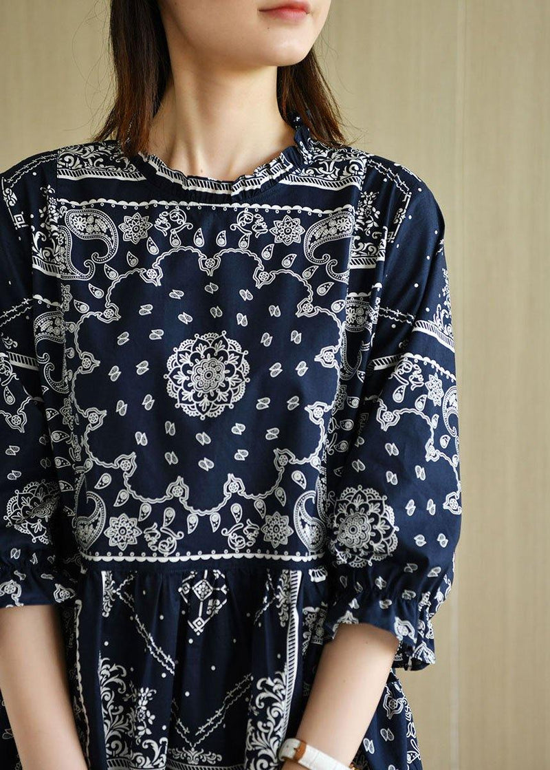 Boutique Navy Loose O-neck Print Summer Cotton Dress Half Sleeve