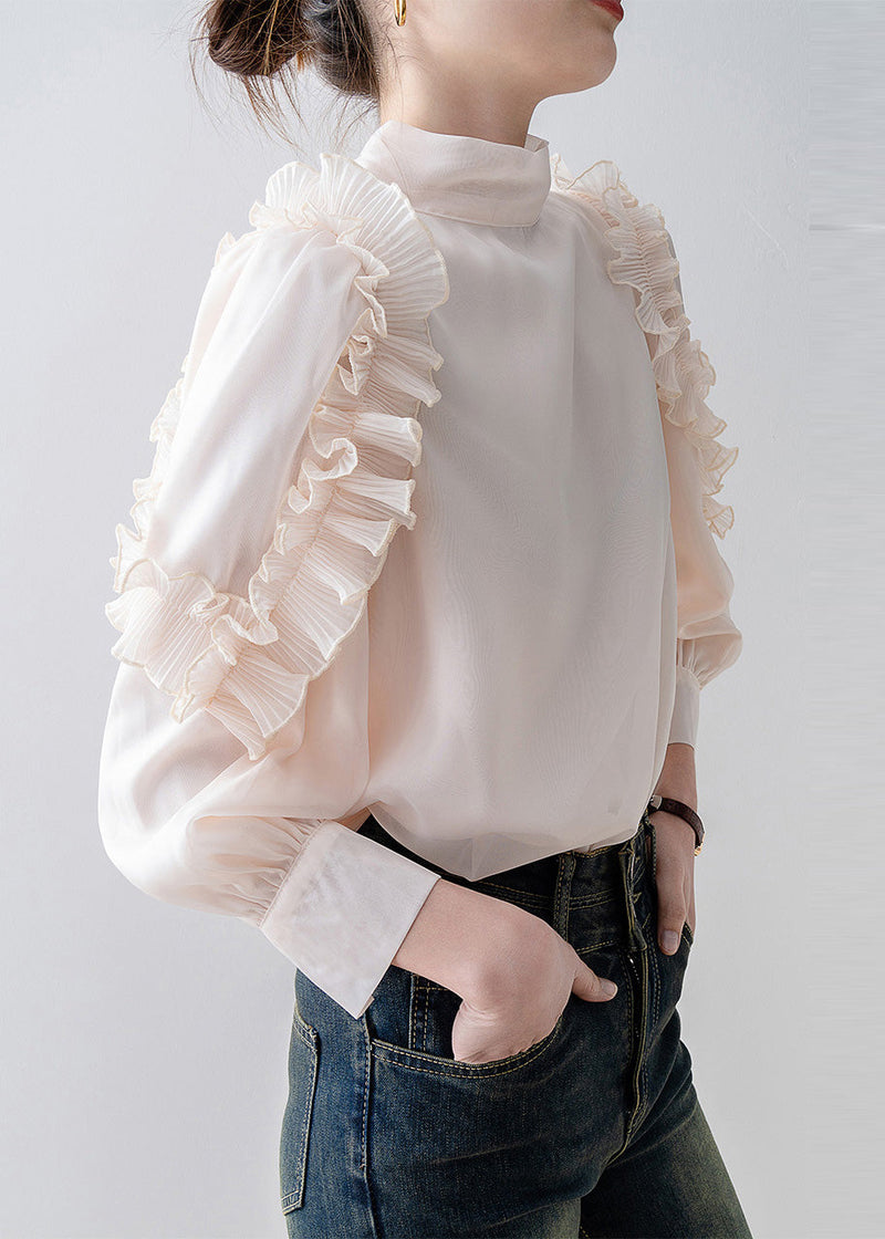 Apricot Stand Collar Ruffled Chiffon Top Spring