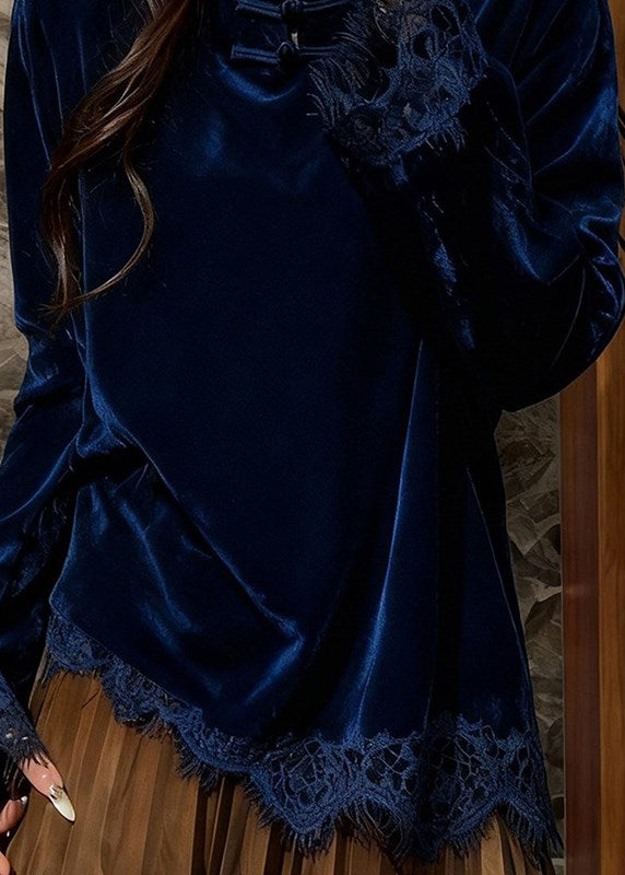 Peacock Blue Mandarin Collar Patchwork Lace Silk Velour Top Spring