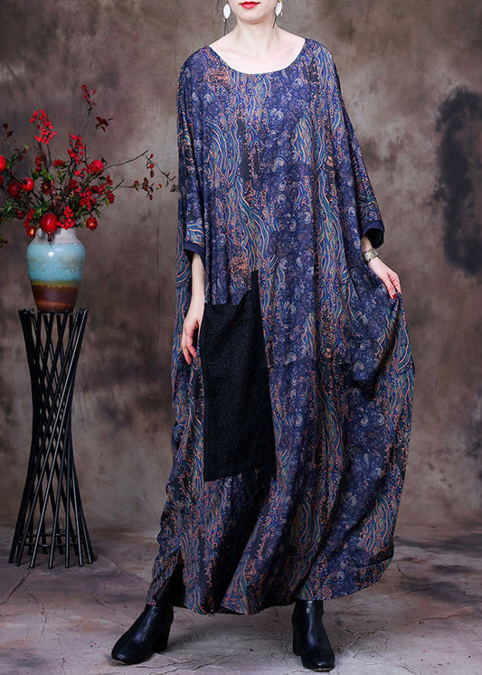 Blue O-neck Print Big Pocket Silk Ankle Dress Long Sleeve