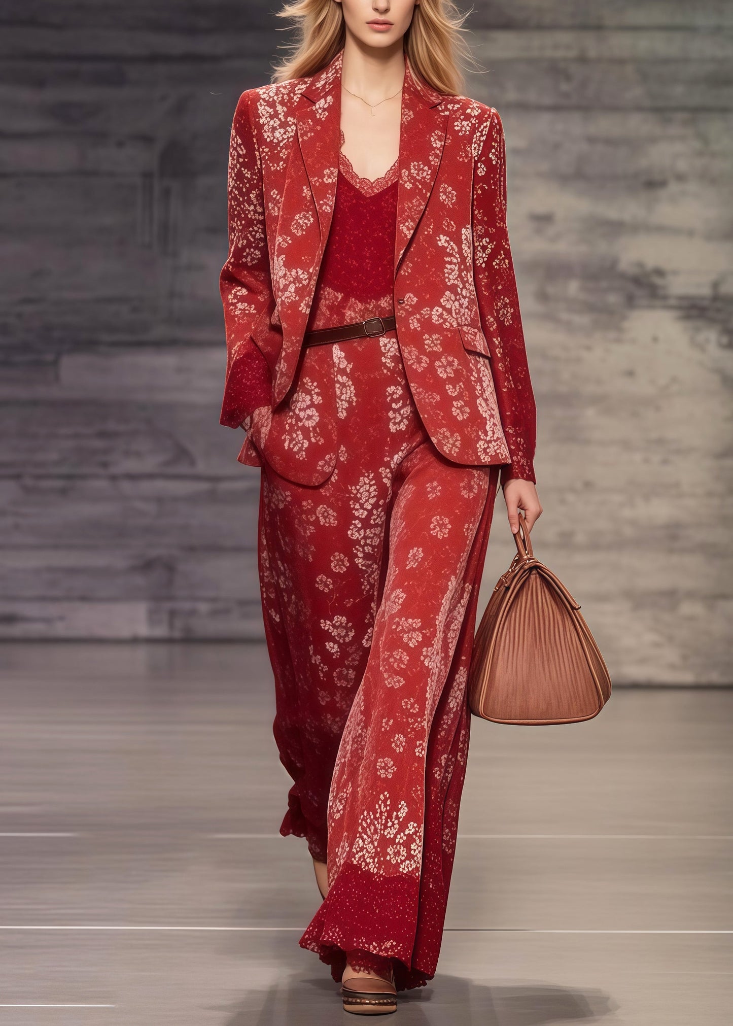 Red Notched Print Spandex Coats and Jumpsuits Two Pieces Set Spring