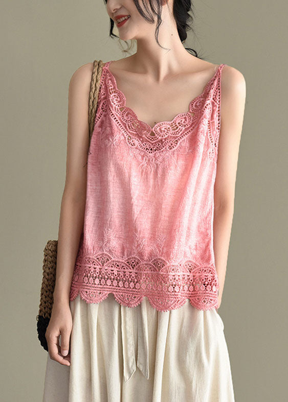 Pink Original Design Embroideried Cotton Spaghetti Strap Tops Summer