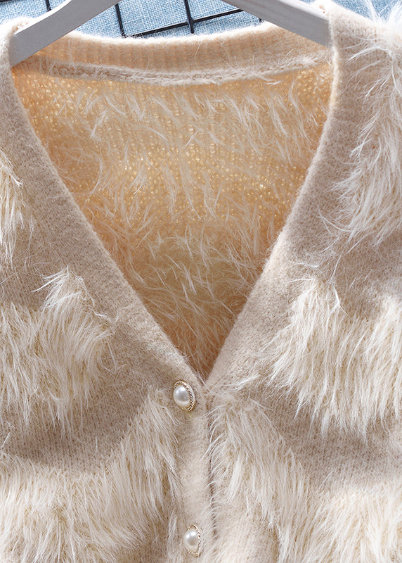 Khaki Patchwork Mink Hair Knitted Cardigan V Neck Button Spring